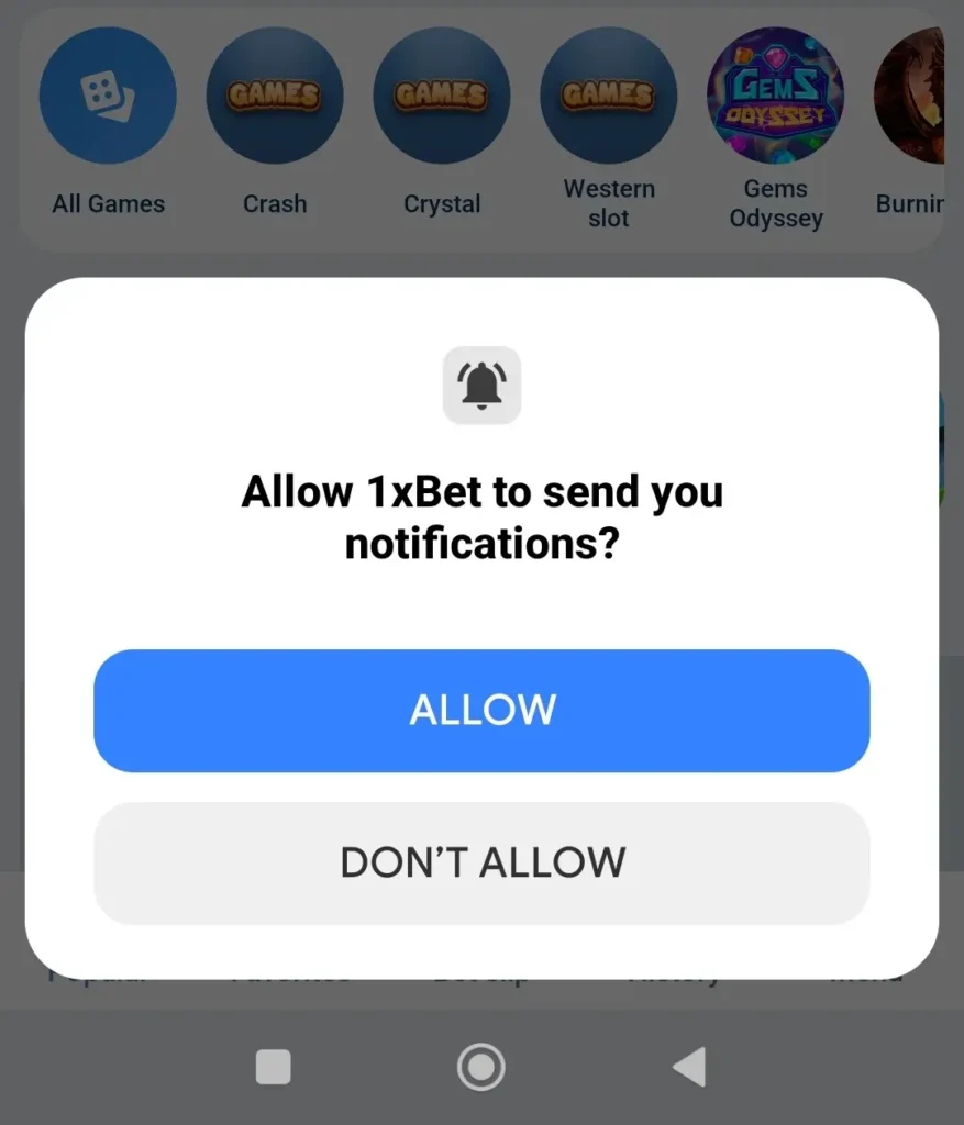 Layar Pertama Setelah Instalasi Aplikasi 1xBet